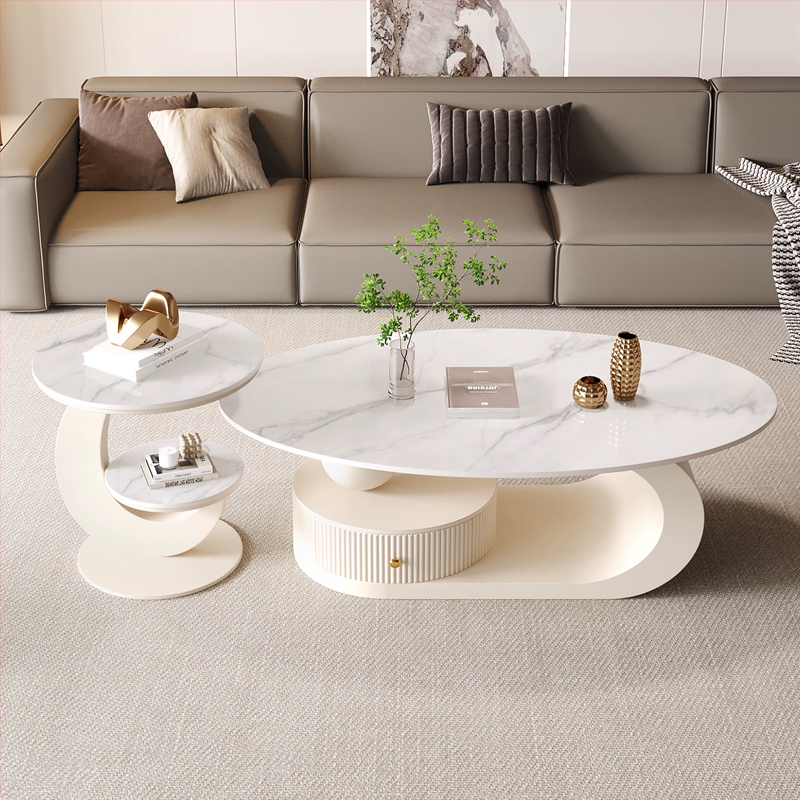 黑色+实木120+50边几【组合】椭圆形岩板茶几客厅家用小户型轻奢高级感2025新款茶几组合奶油风